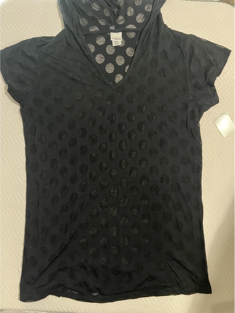 j. america Women's Black Polka Dot Hooded V-Neck Short Sleeve T-Shirt XXL